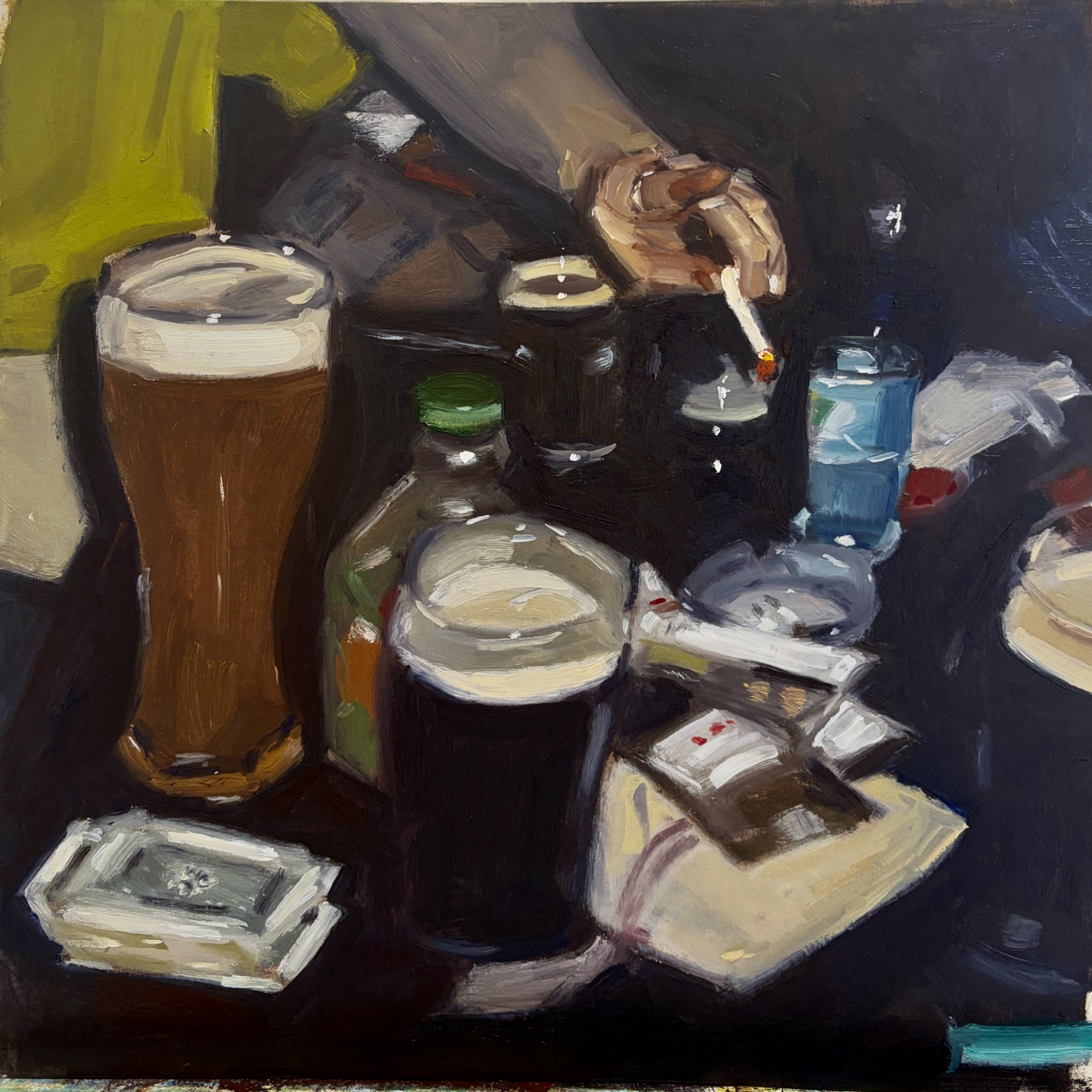 Oil painting of beers, bottles, cigarettes, and an ashtray on a table.