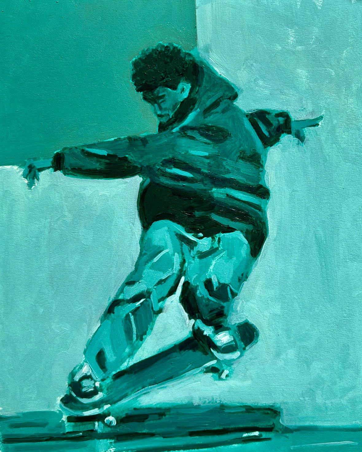 Oil painting of a skateboarder grinding on a rail in turquoise tones.