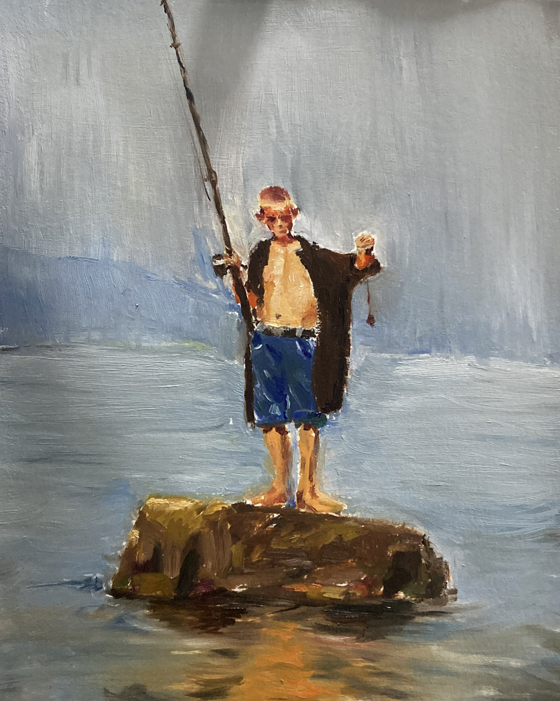 Oil painting of a child holding a fishing rod by the water.