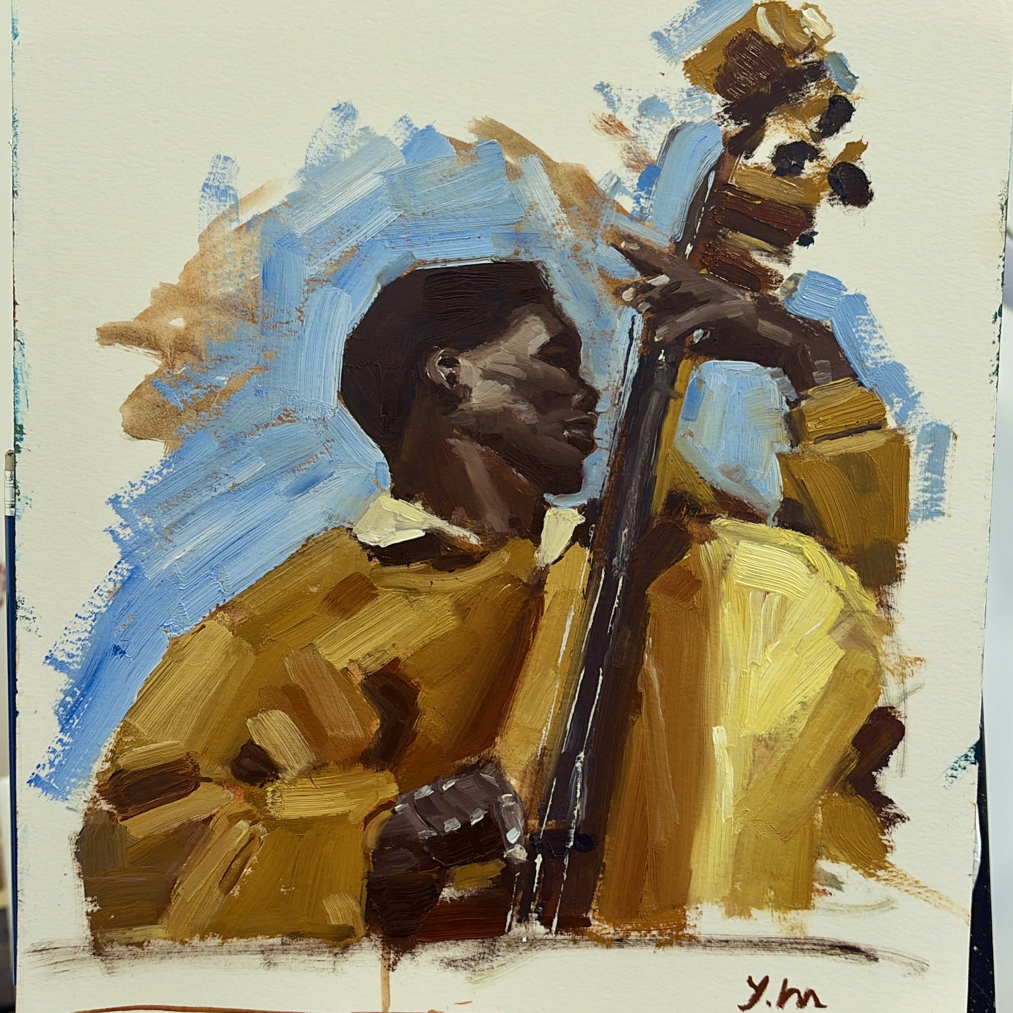Oil painting of a musician playing an upright bass.