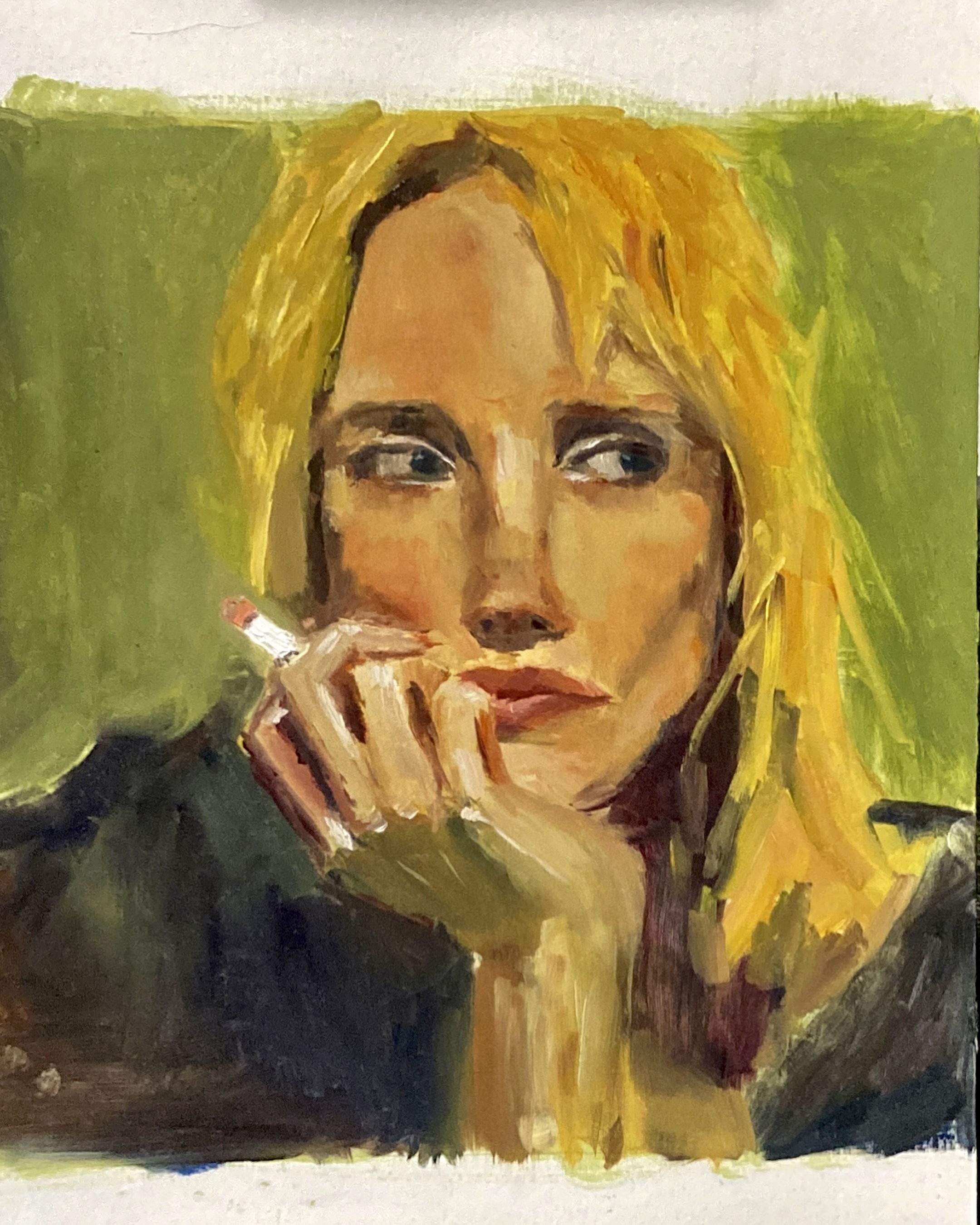 Oil painting portrait of a blonde woman against a green background.