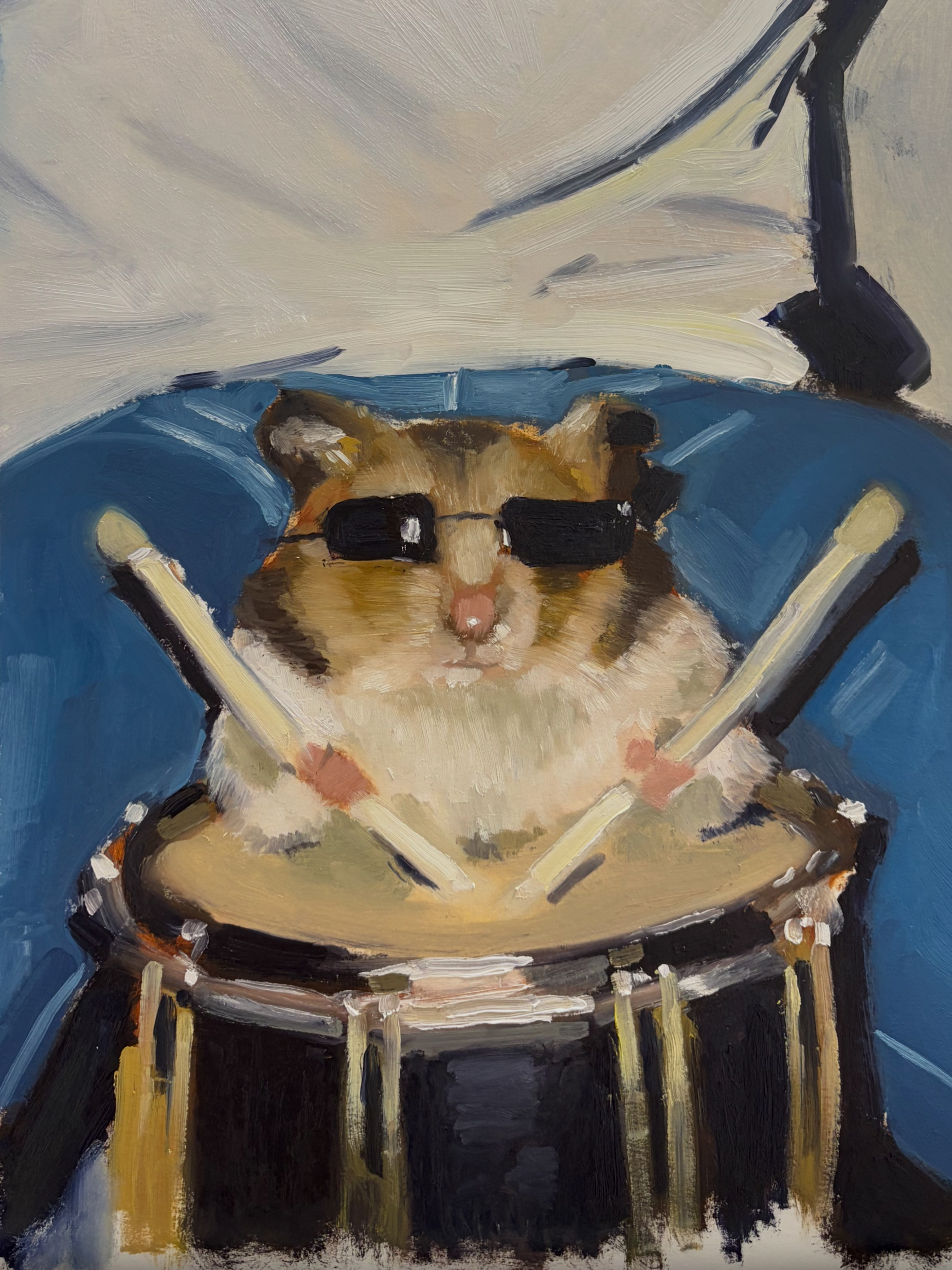 Oil painting of a drummer wearing sunglasses behind a drum kit.
