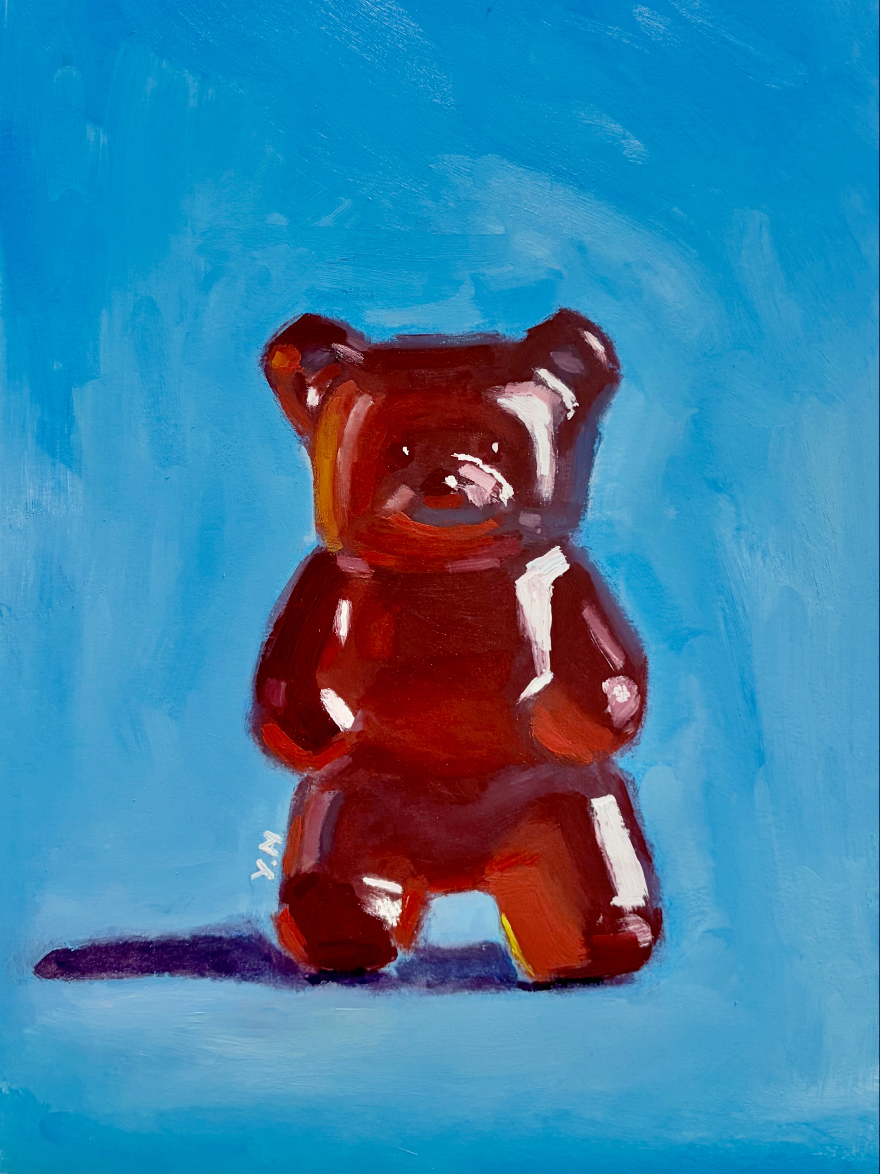 Oil painting of a red gummy bear on a blue background.