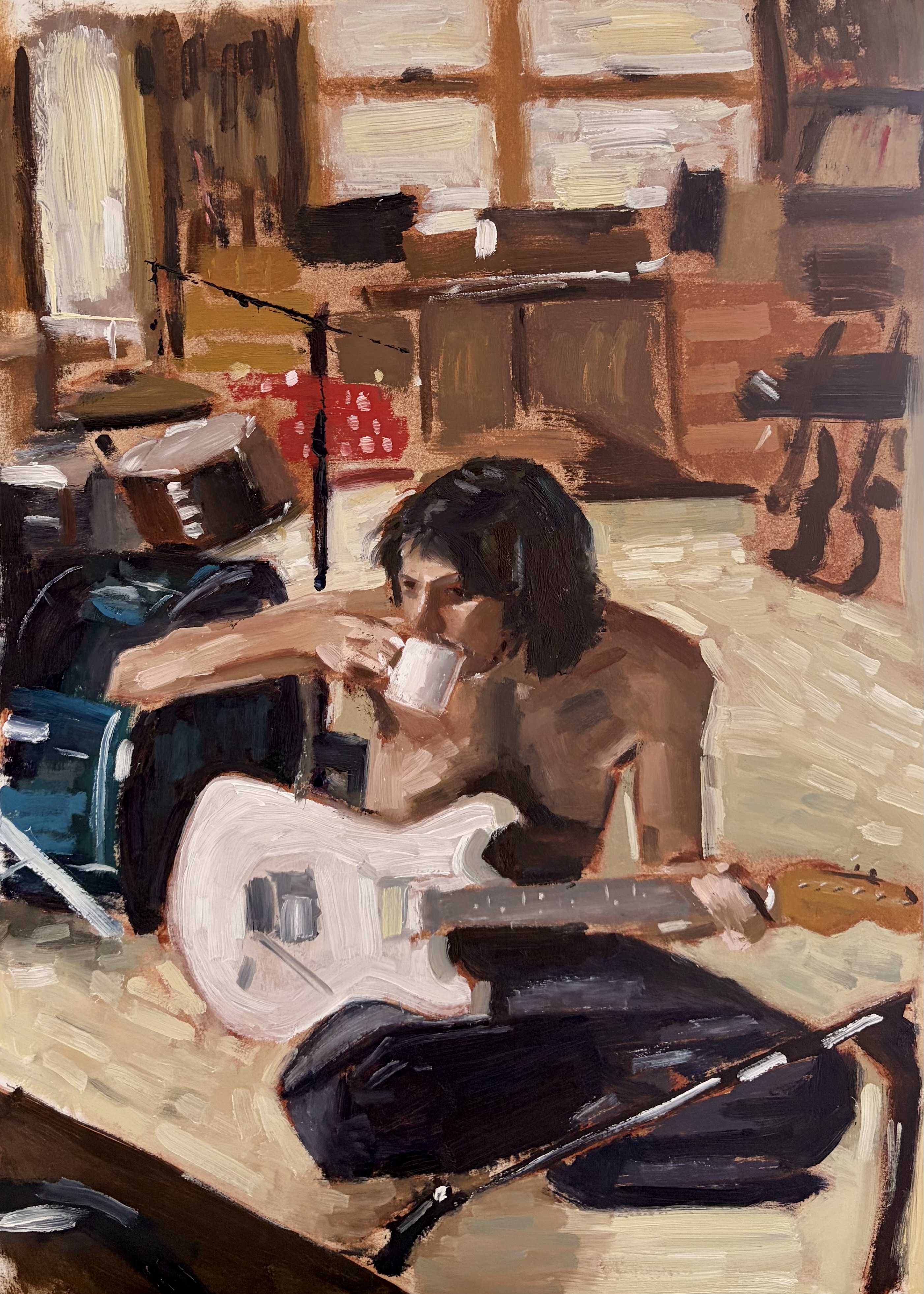 Oil painting of a person playing guitar in a music room.