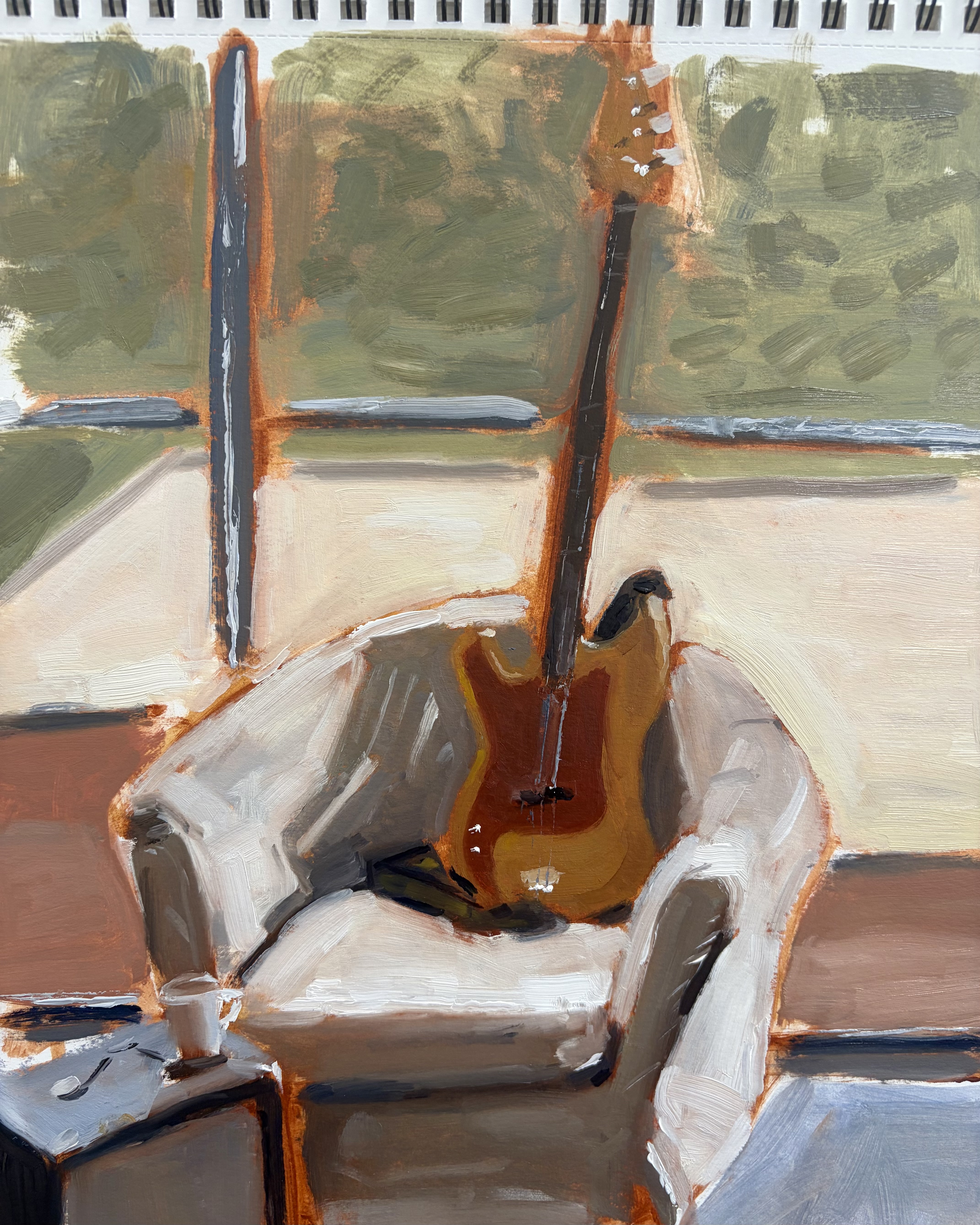 Oil painting of a bass guitar on a chair near a window.