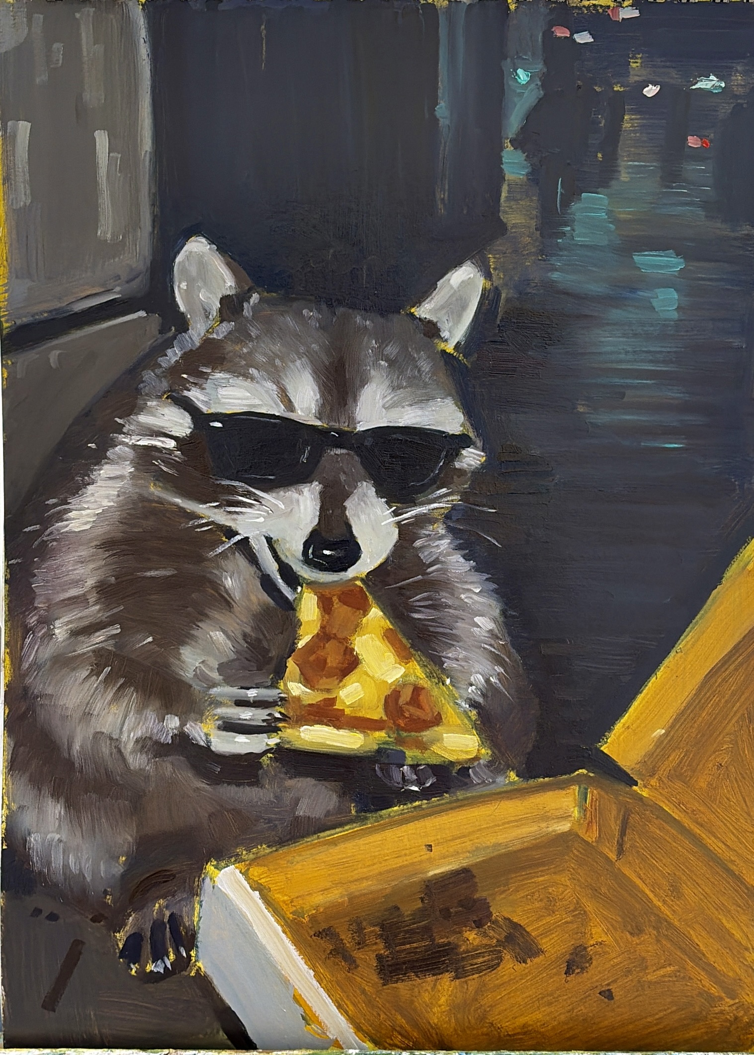 Oil painting of a raccoon wearing sunglasses and holding a slice of pizza.