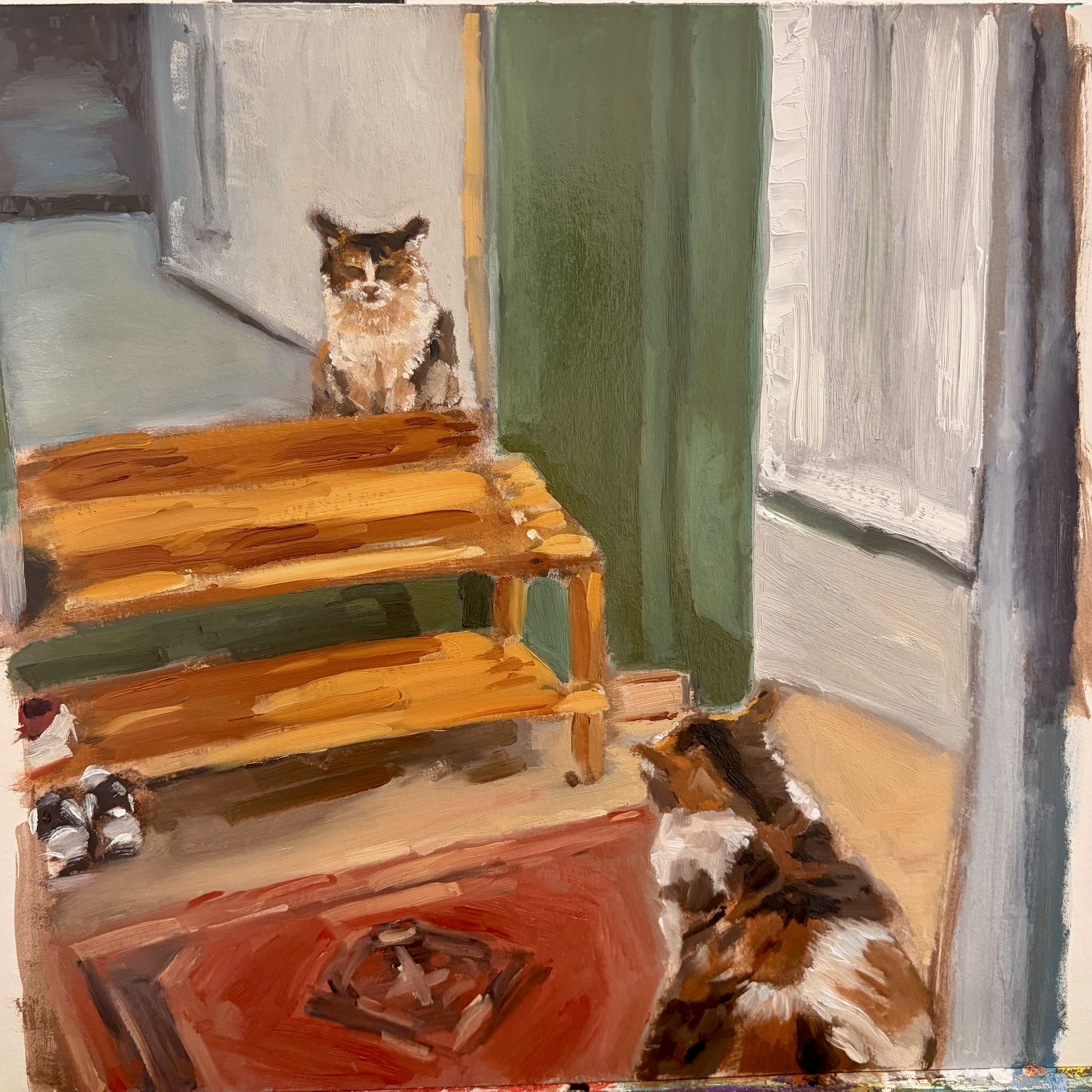 Oil painting of two cats in an interior with a table and green wall.