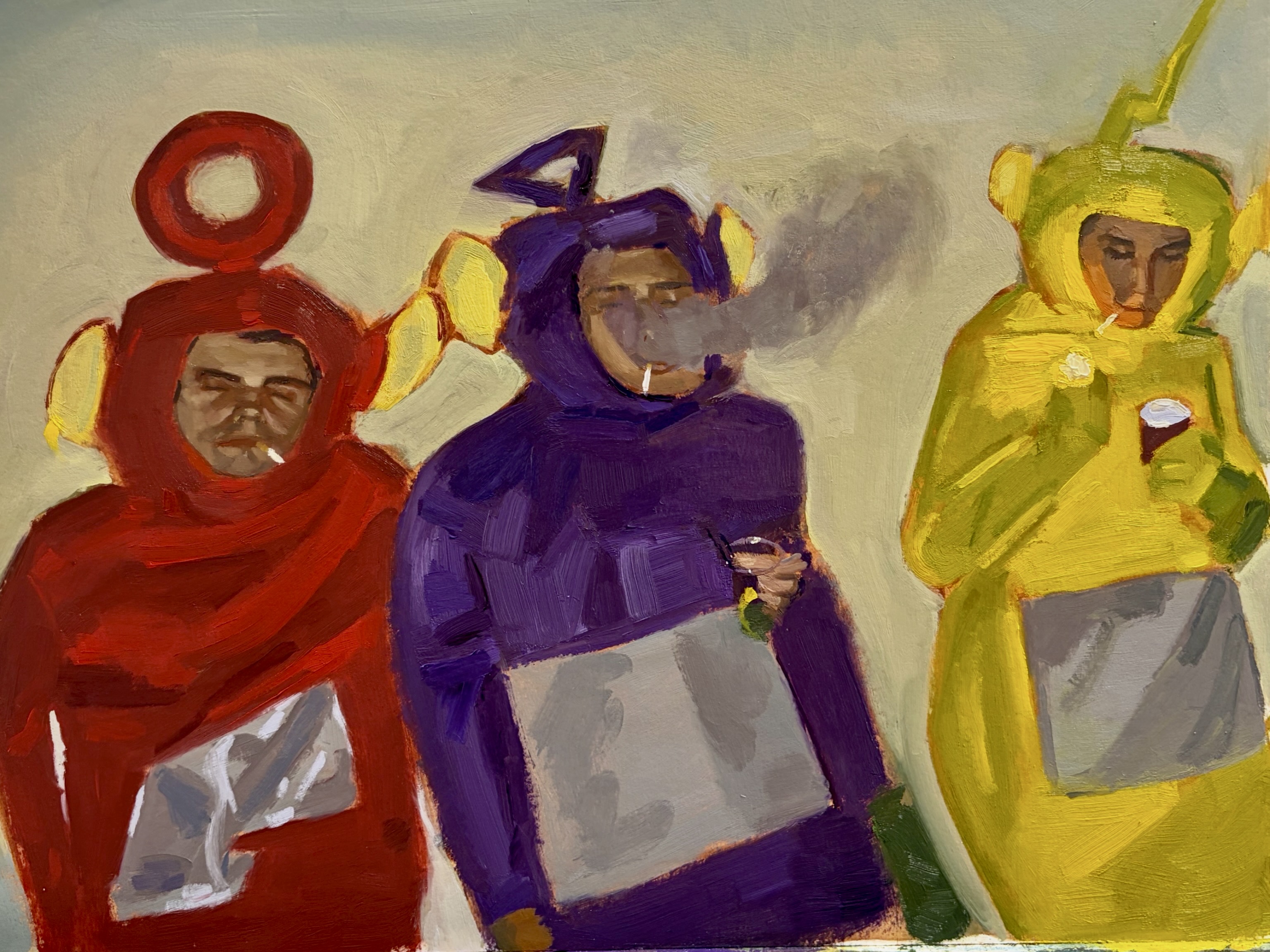 Oil painting of three figures in colorful Teletubby-like costumes smoking.