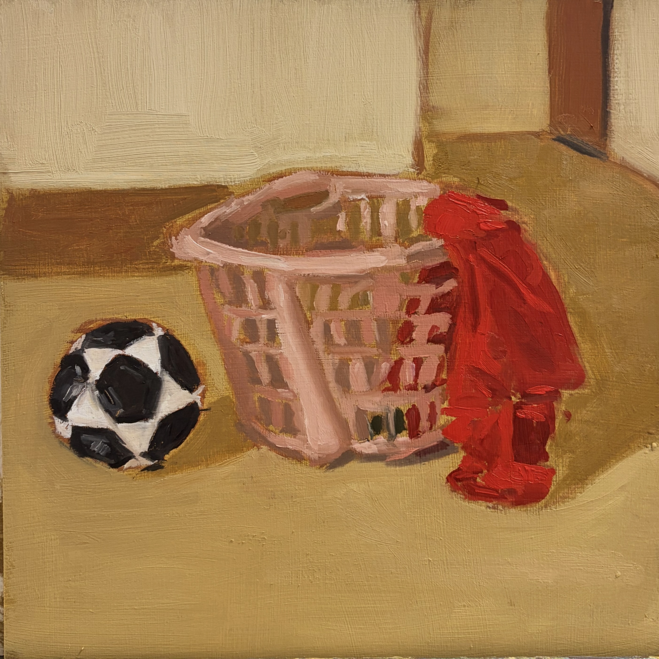 Alla prima (one sitting) of a laundry basket and Mikasa ball next to it