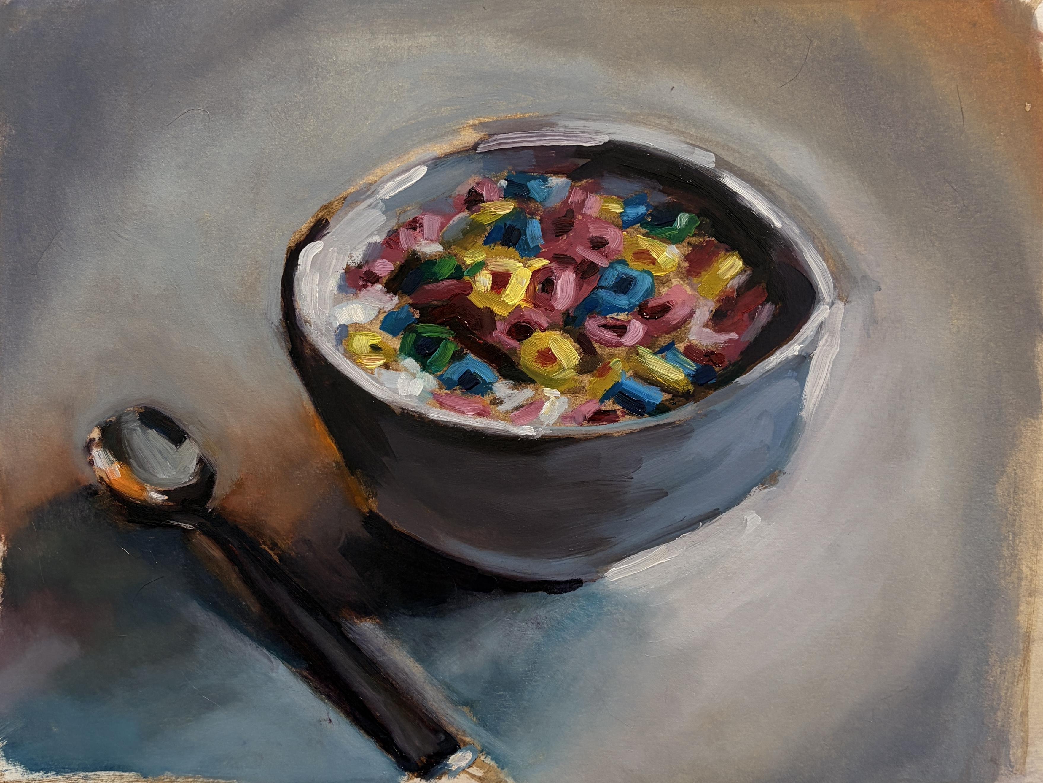 Oil painting of a colorful cereal bowl with a spoon on a table.